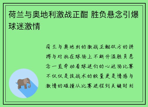 荷兰与奥地利激战正酣 胜负悬念引爆球迷激情